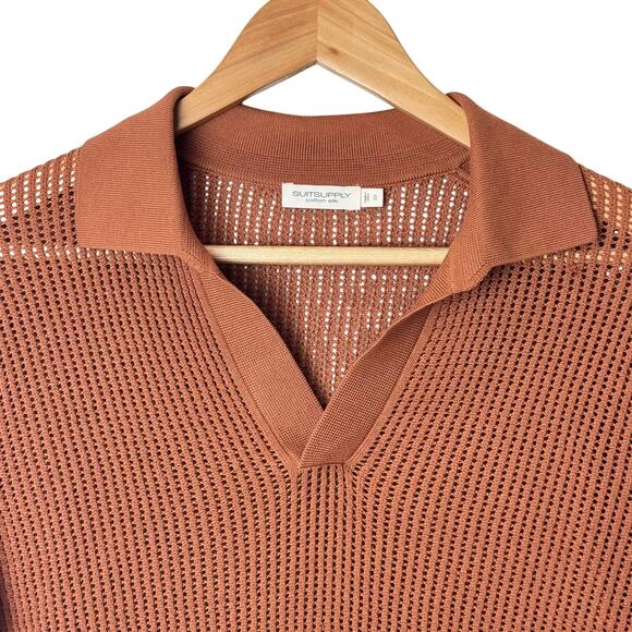 Suitsupply Crochet Buttonless Polo Shirt Mens S Rust Brown Cotton Silk Open Knit - Picture 6 of 13